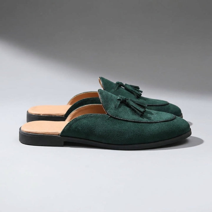 Vasto Suede Mules — Dark Green, side profile, full silhouette toe to heel