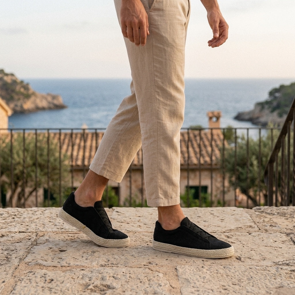 Elba Espadrille Sneakers — Black, worn on a coastal stone terrace