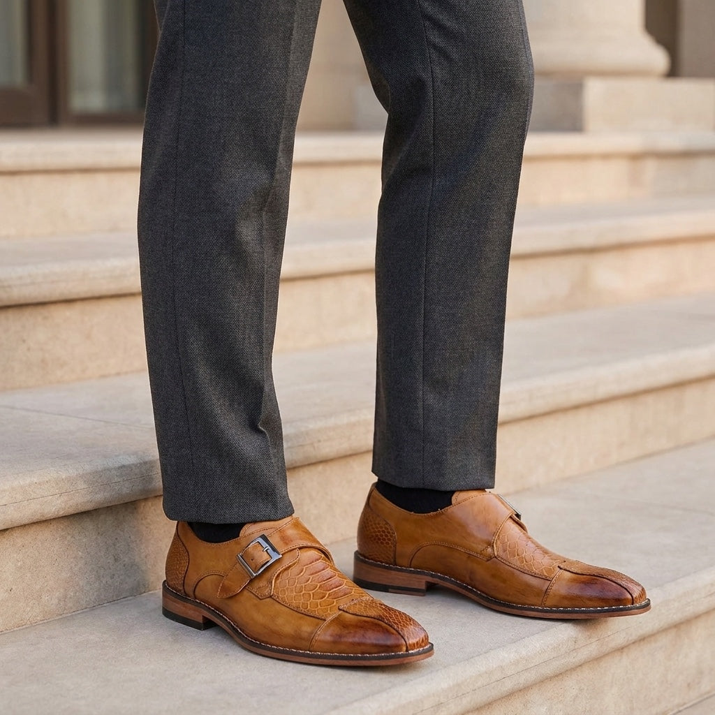 Belgravia Monk Straps — Camel, worn on stone steps outside a venue