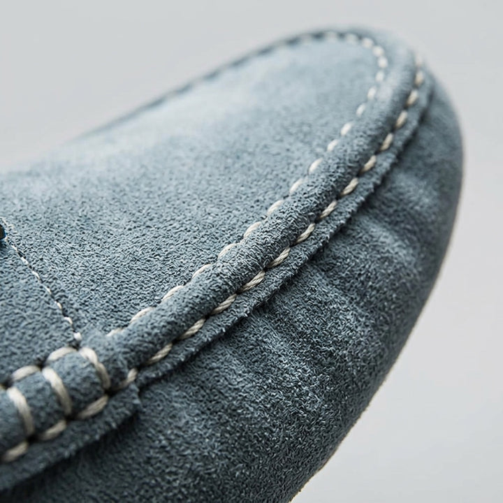 Zoagli Suede Loafers — Blue, hand-stitched seam close-up
