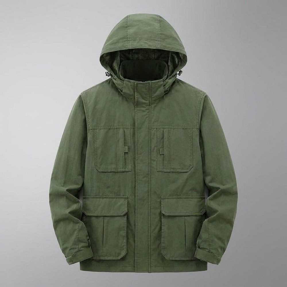 Faenza Hooded Cargo Jacket for men in Army Green, laid flat, front view with hood, front zip and four flap pockets