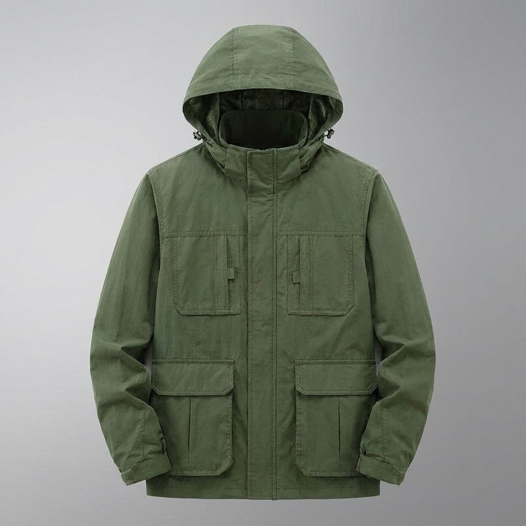 Faenza Hooded Cargo Jacket for men in Army Green, laid flat, front view with hood, front zip and four flap pockets