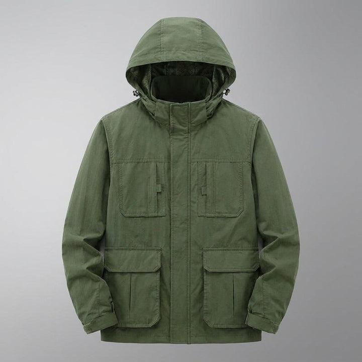 Faenza Hooded Cargo Jacket for men in Army Green, laid flat, front view with hood, front zip and four flap pockets