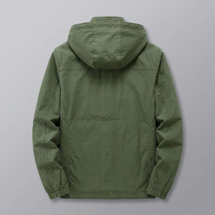 Faenza Hooded Cargo Jacket for men in Army Green, laid flat, back view with hood