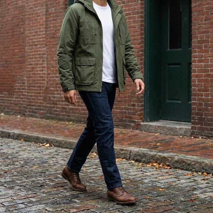 Full outfit: Faenza Hooded Cargo Jacket in Army Green with dark jeans and brown boots, walking on a cobblestone street