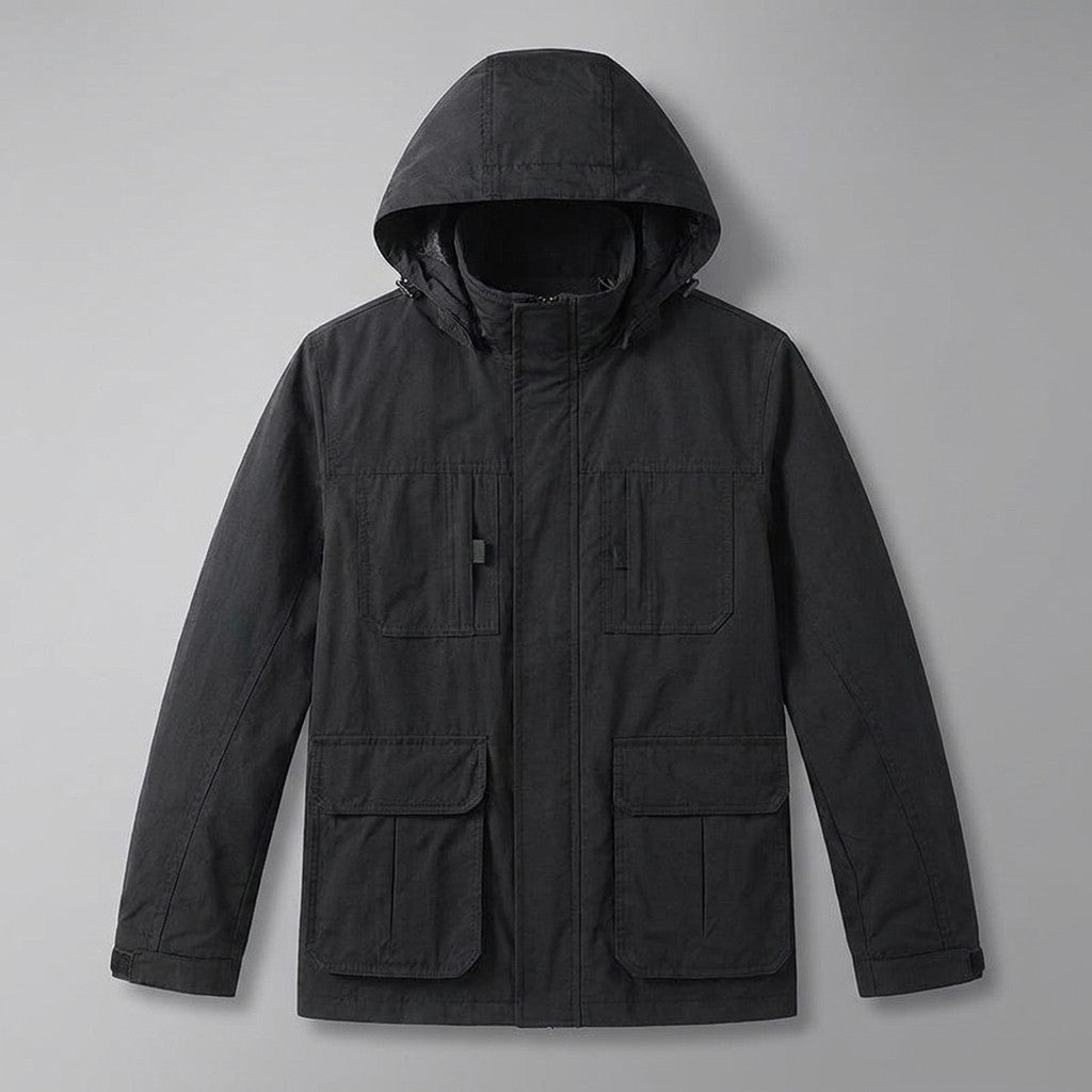 Faenza Hooded Cargo Jacket for men in Black, laid flat, front view with hood, front zip and four flap pockets
