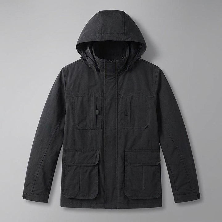 Faenza Hooded Cargo Jacket for men in Black, laid flat, front view with hood, front zip and four flap pockets