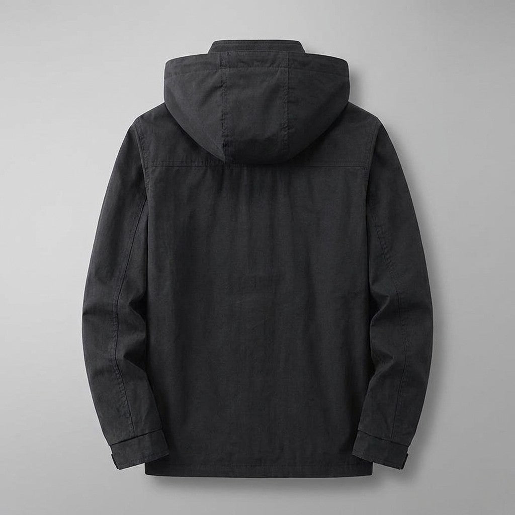 Faenza Hooded Cargo Jacket for men in Black, laid flat, back view with hood