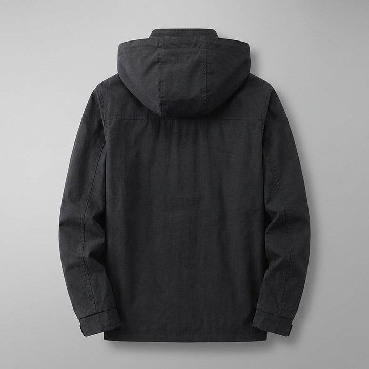 Faenza Hooded Cargo Jacket for men in Black, laid flat, back view with hood
