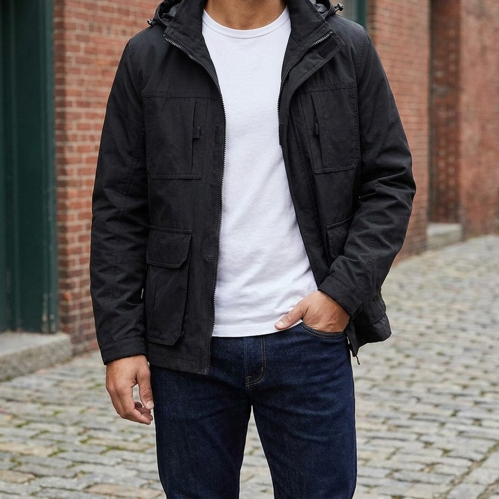 Man wearing the Faenza Hooded Cargo Jacket in Black open over a white tee on a brick-lined street