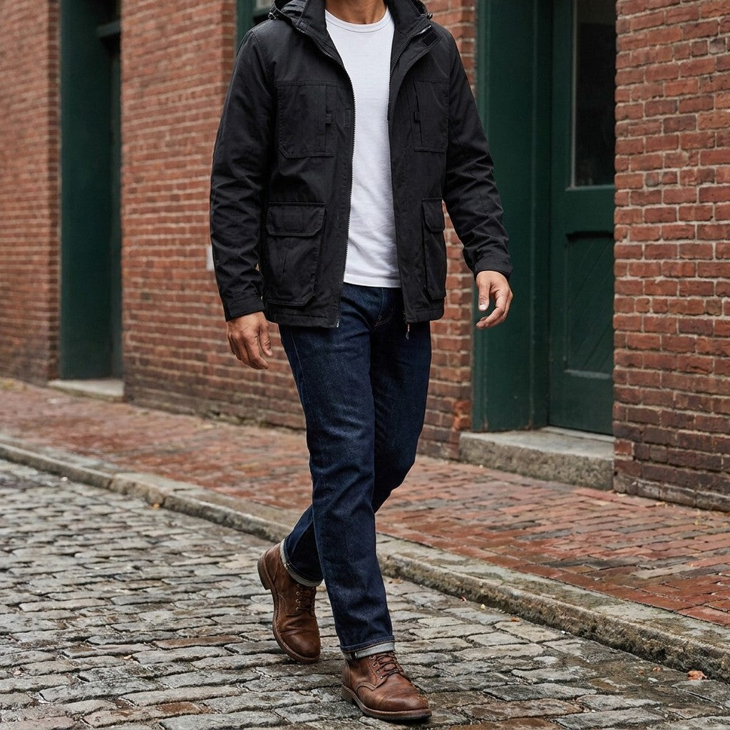 Full outfit: Faenza Hooded Cargo Jacket in Black with dark jeans and brown boots, walking on a cobblestone street