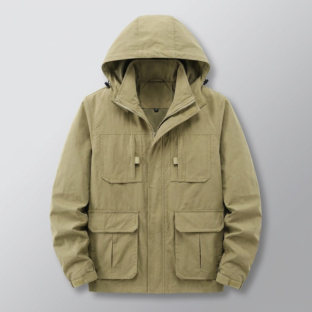 Faenza Hooded Cargo Jacket for men in Khaki, laid flat, front view with hood, front zip and four flap pockets