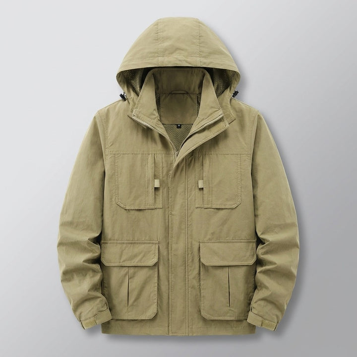Faenza Hooded Cargo Jacket for men in Khaki, laid flat, front view with hood, front zip and four flap pockets