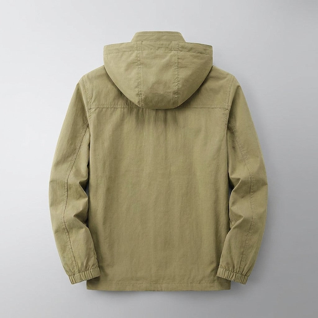 Faenza Hooded Cargo Jacket for men in Khaki, laid flat, back view with hood