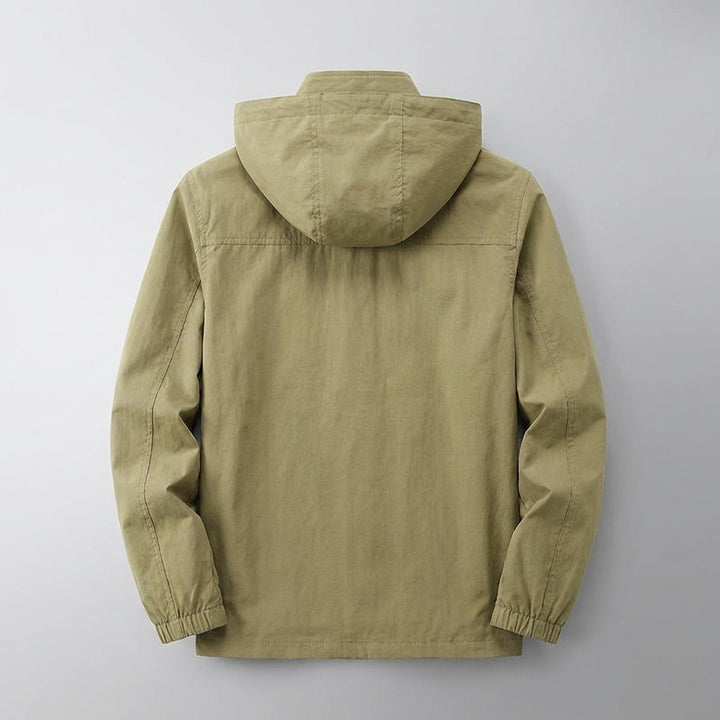 Faenza Hooded Cargo Jacket for men in Khaki, laid flat, back view with hood