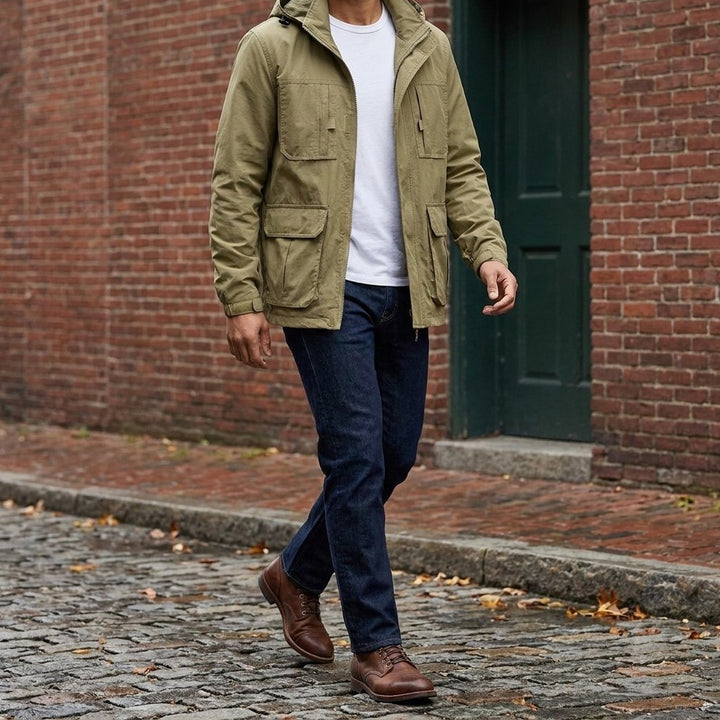 Full outfit: Faenza Hooded Cargo Jacket in Khaki with dark jeans and brown boots, walking on a cobblestone street