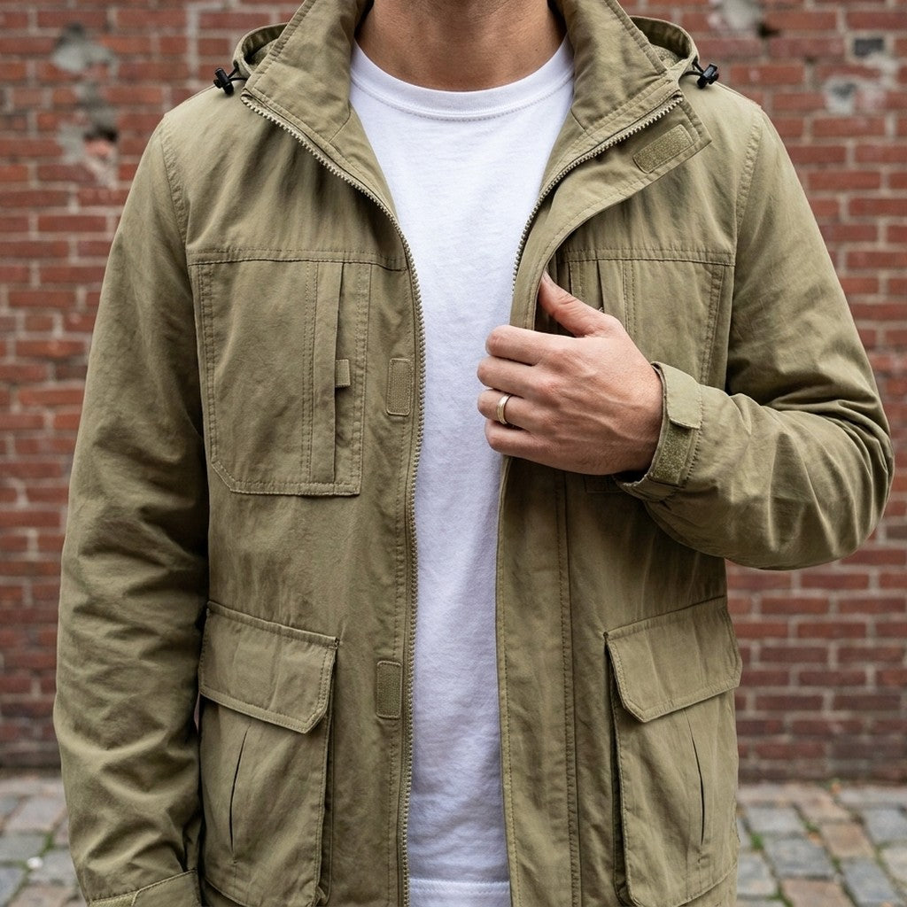 Close-up of the Faenza Hooded Cargo Jacket in Khaki worn over a white tee, showing the stand collar, hood and velcro chest pockets