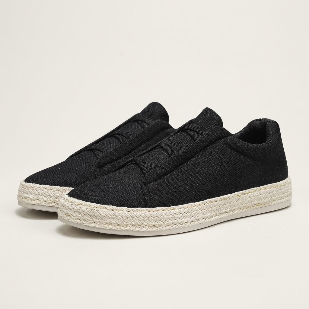 Elba Espadrille Sneakers — Black, three-quarter studio view
