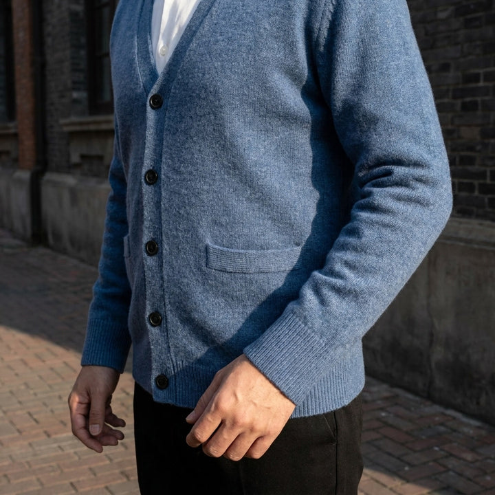 Foligno Wool Cardigan — Gaogui Blue, lifestyle worn detail