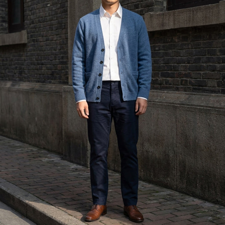 Foligno Wool Cardigan — Gaogui Blue, lifestyle close crop