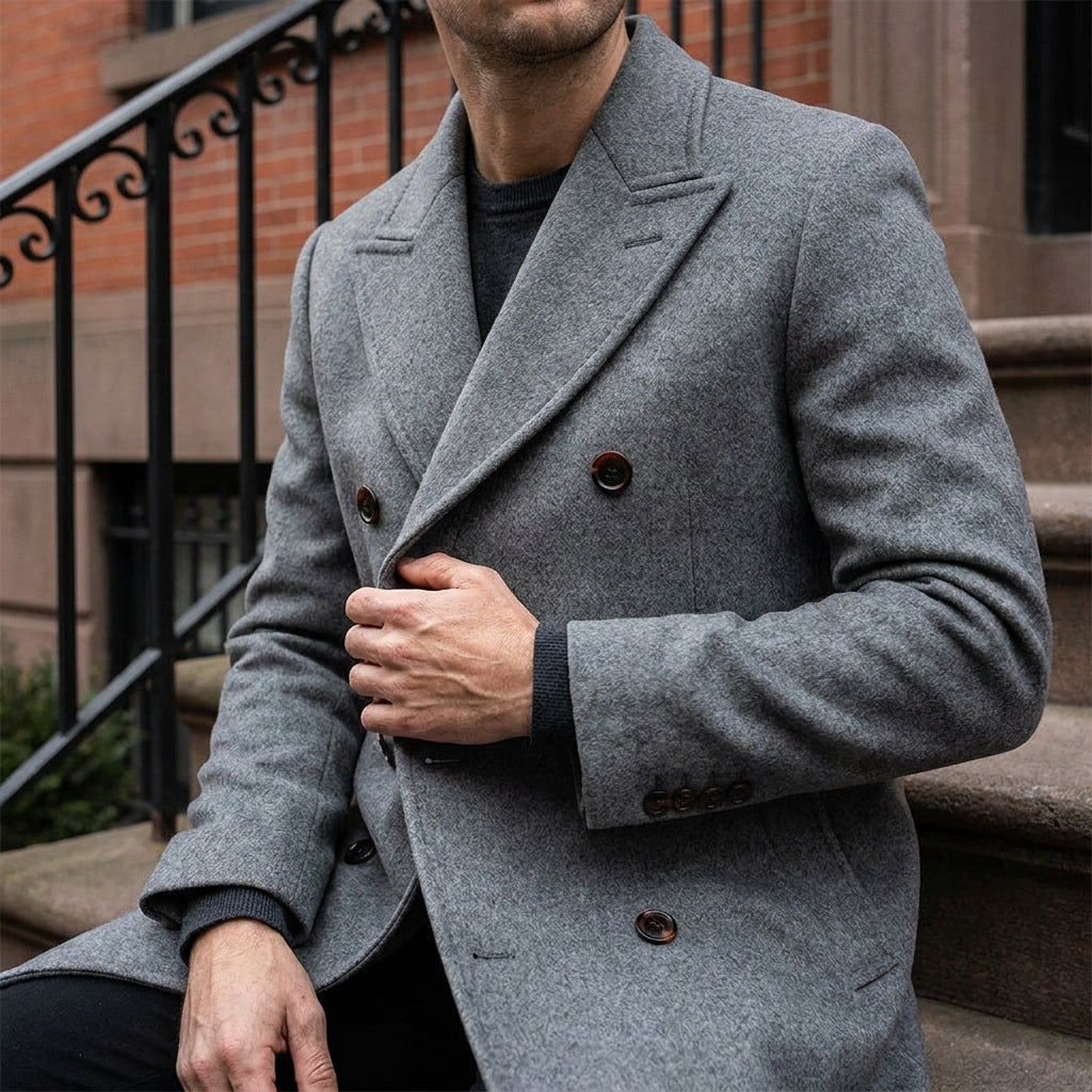 Fermo Wool-Blend Overcoat — Gray, lifestyle worn detail