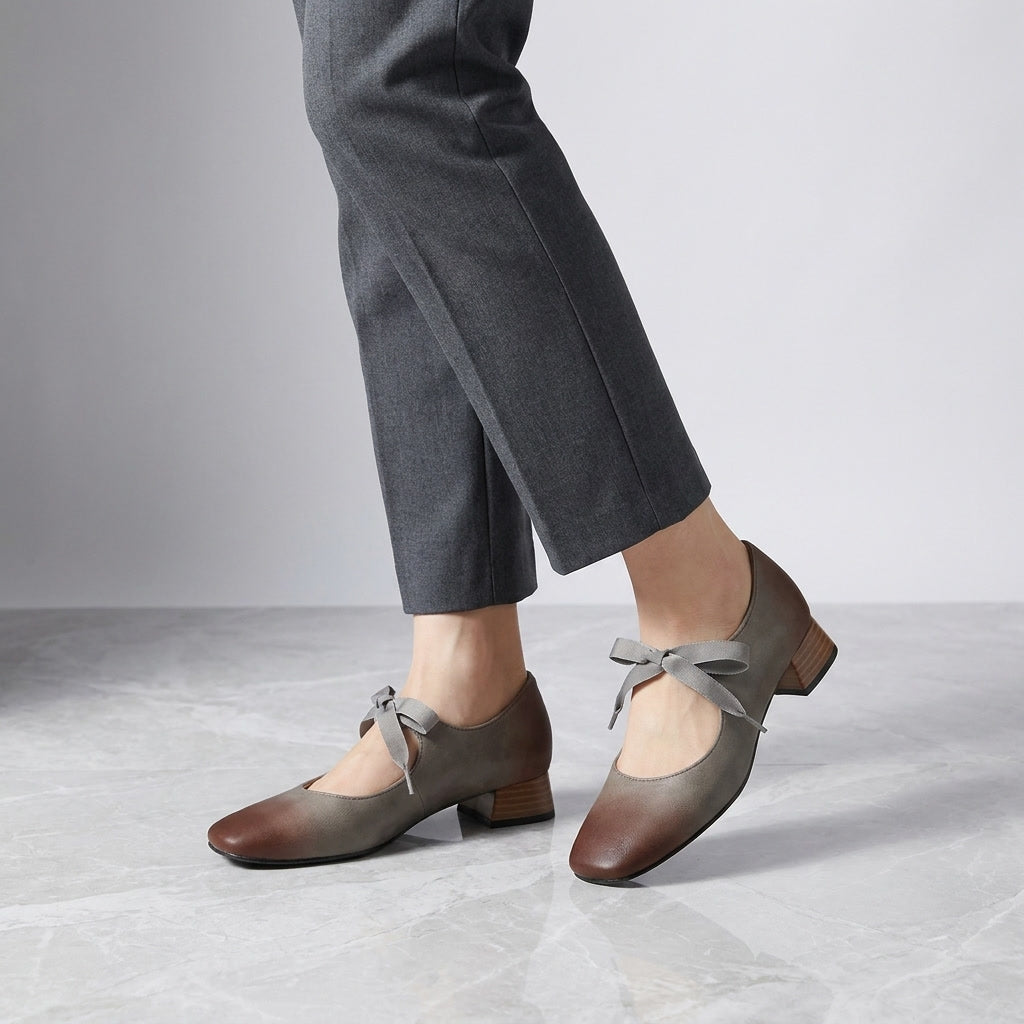 Nemi Square Mary Janes — Gray, on model knee-down studio