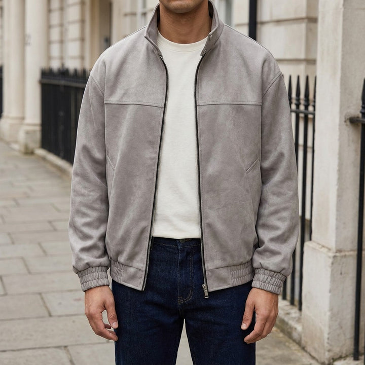 Orta Faux-Suede Jacket — Gray, worn front view