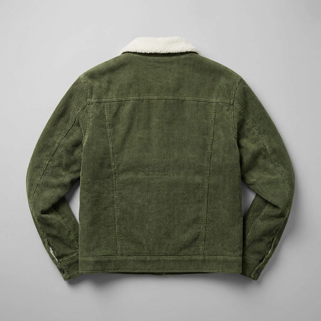 Rockwell Corduroy Jacket — Green, flat lay back on grey seamless