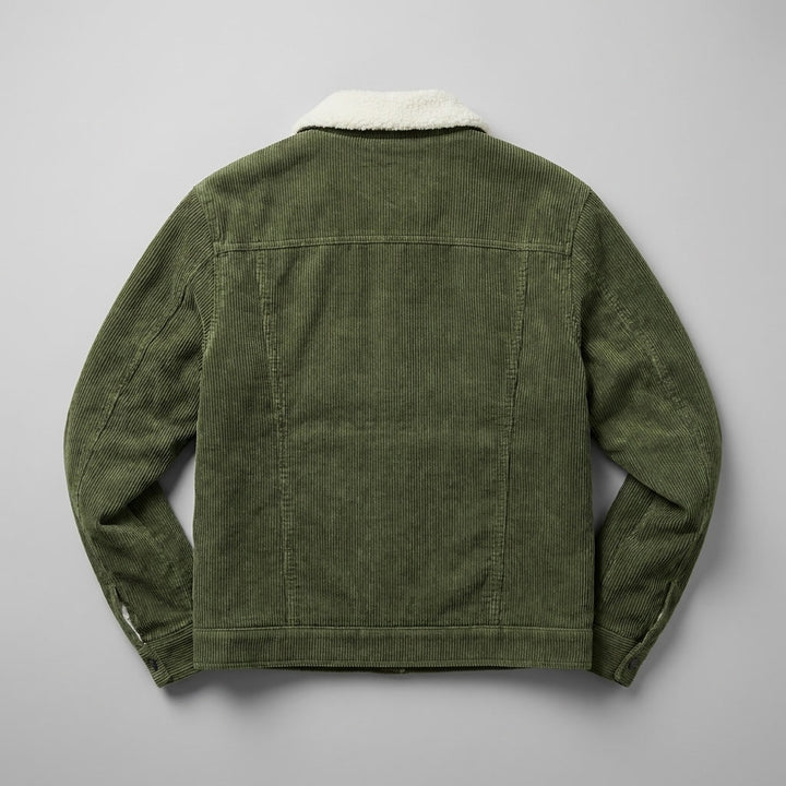 Rockwell Corduroy Jacket — Green, flat lay back on grey seamless