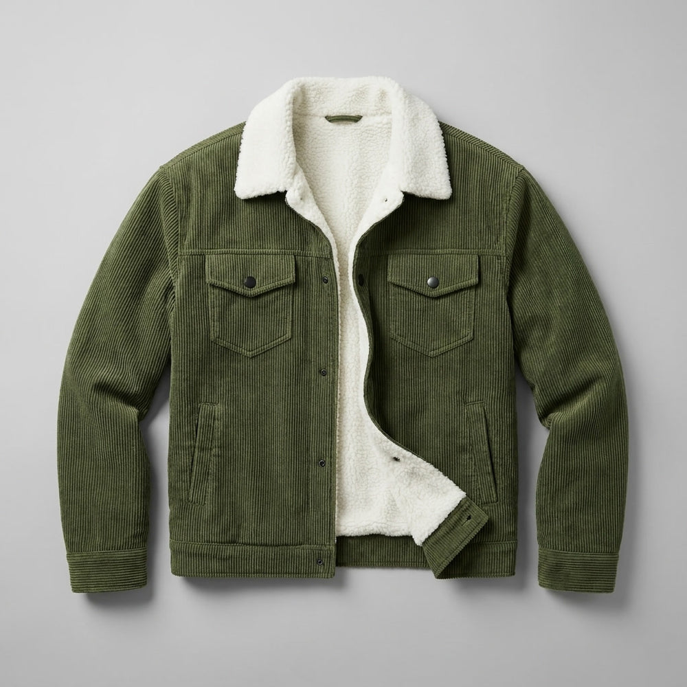Rockwell Corduroy Jacket — Green, flat lay front on grey seamless