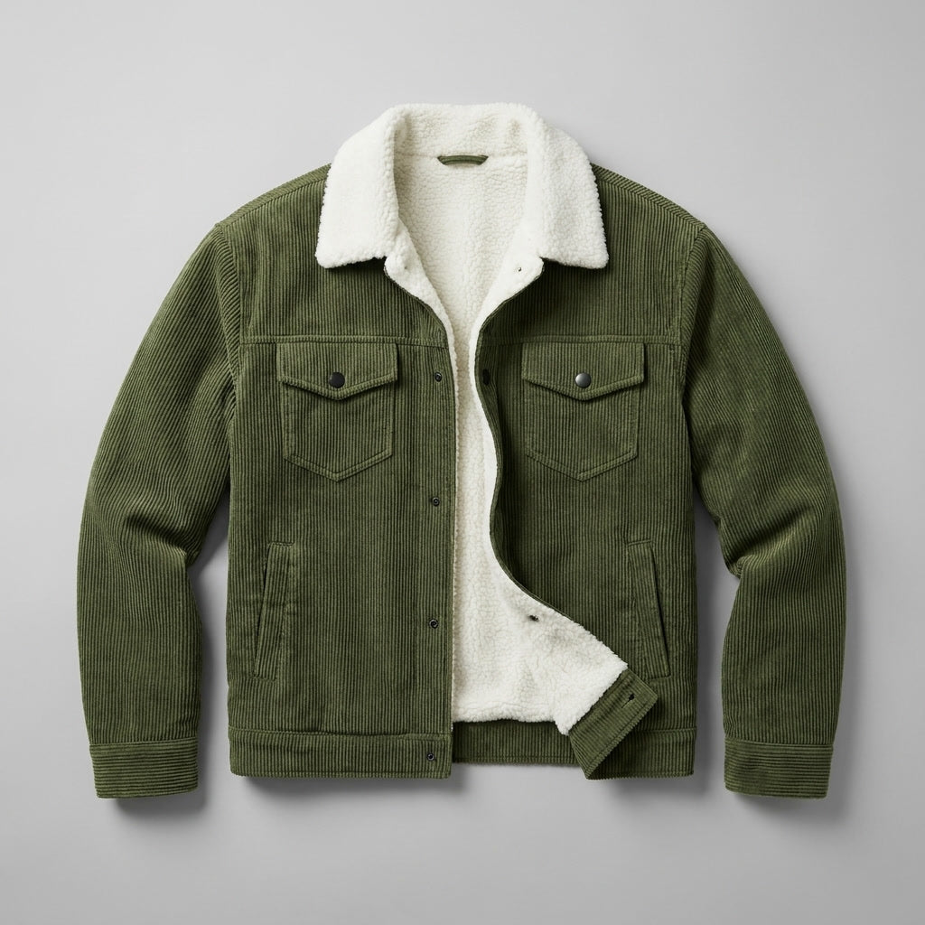 Rockwell Corduroy Jacket — Green, flat lay front on grey seamless