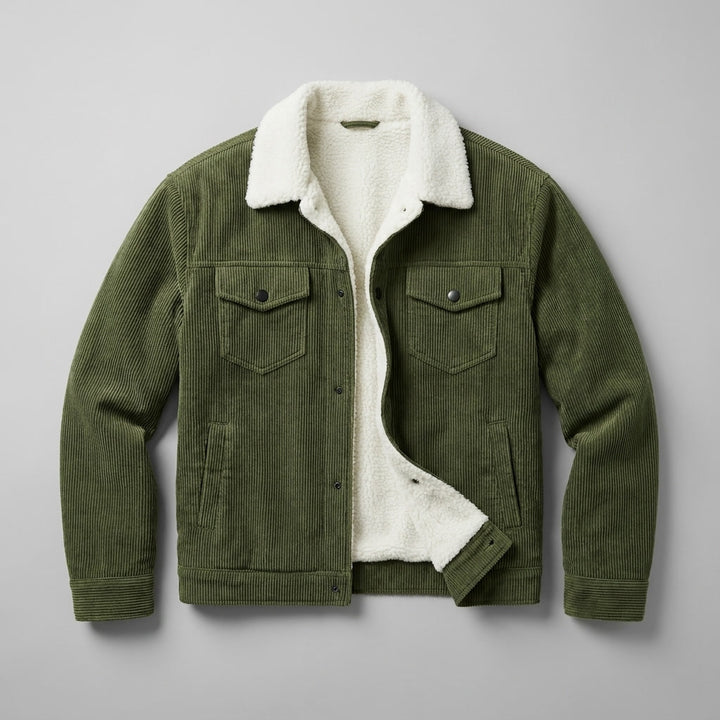 Rockwell Corduroy Jacket — Green, flat lay front on grey seamless