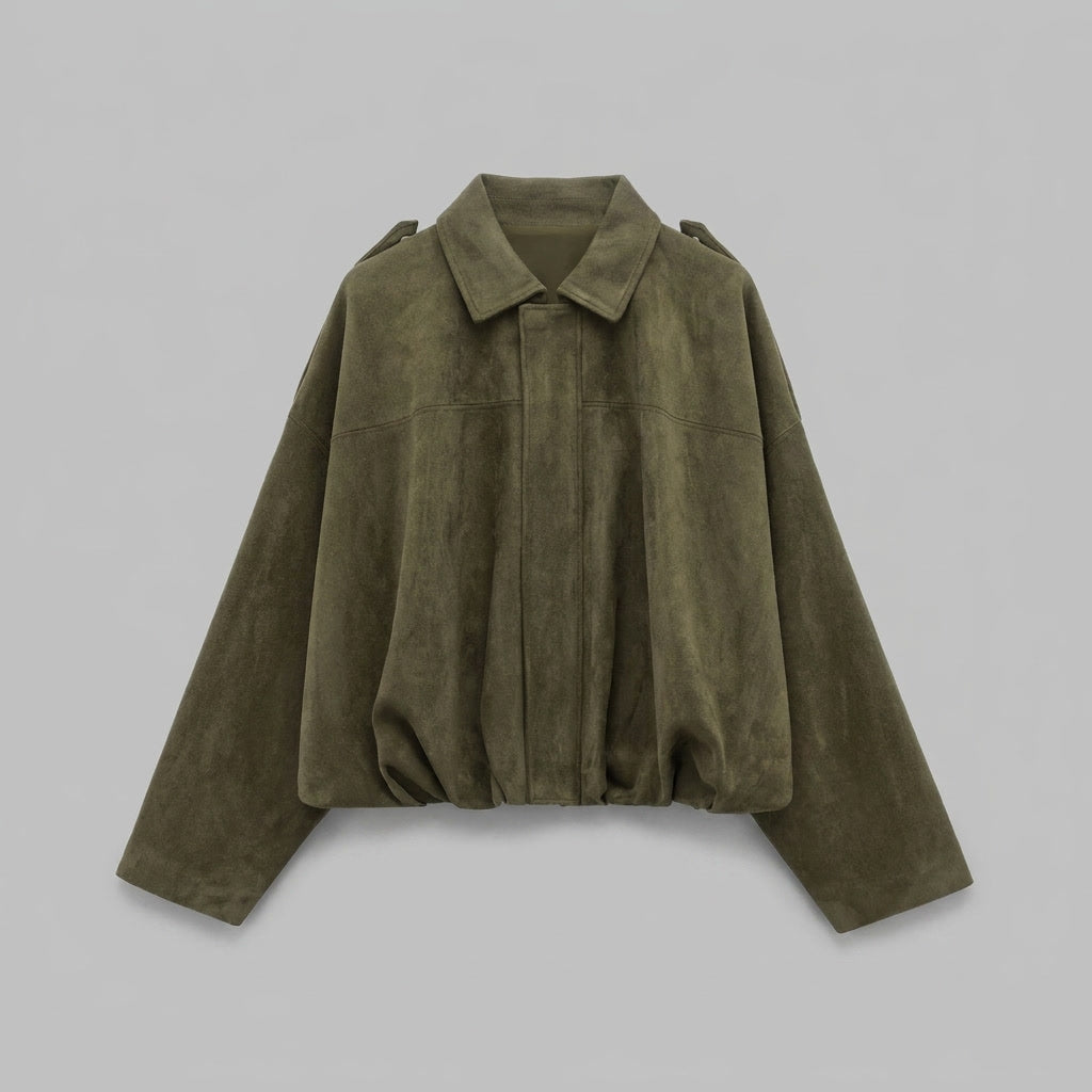 Ancona Suede Jacket — Green, flat lay front on grey seamless