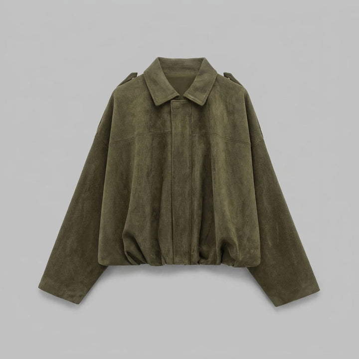 Ancona Suede Jacket — Green, flat lay front on grey seamless