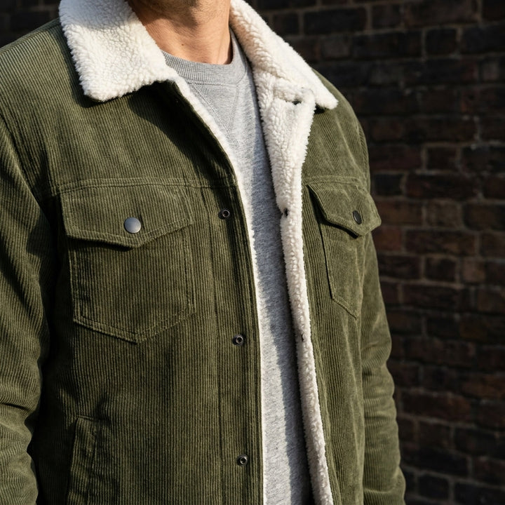 Rockwell Corduroy Jacket — Green, lifestyle worn detail