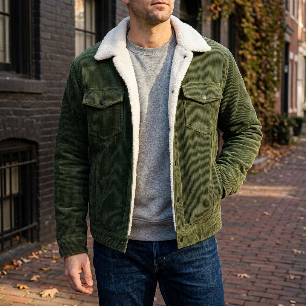 Rockwell Corduroy Jacket — Green, lifestyle close crop on model