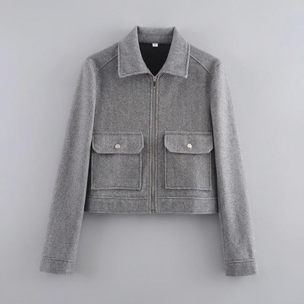 Udine Cropped Jacket — Grey, flat lay front on grey seamless