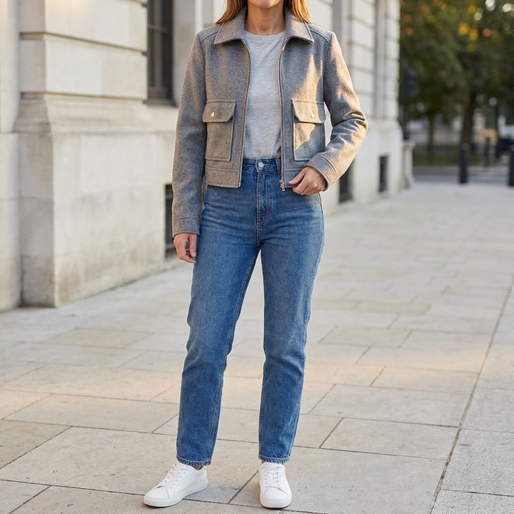Udine Cropped Jacket — Grey, lifestyle close crop on model