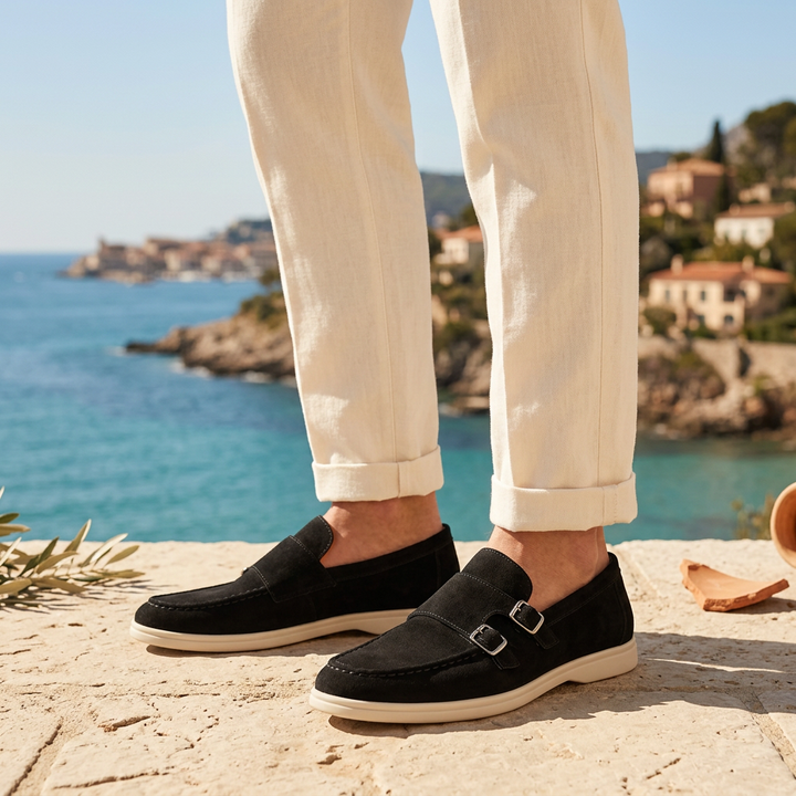 Ravello Suede Double-Buckle Loafers