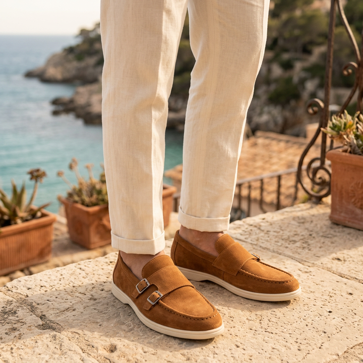 Ravello Suede Double-Buckle Loafers