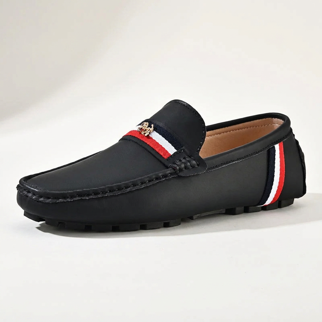 Otranto Stripe Loafers — Black, three-quarter studio view