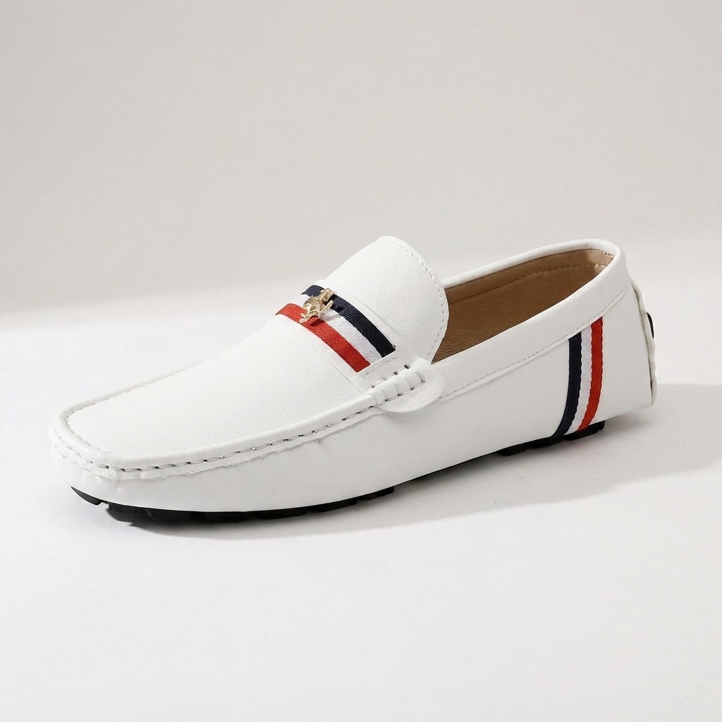 Otranto Stripe Loafers — White, three-quarter studio view