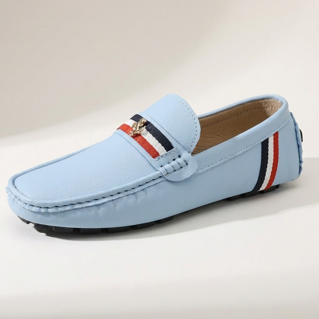 Otranto Stripe Loafers — Powder Blue, three-quarter studio view
