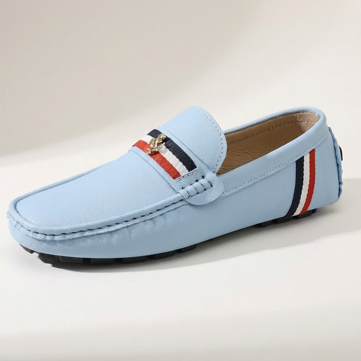 Otranto Stripe Loafers — Powder Blue, three-quarter studio view