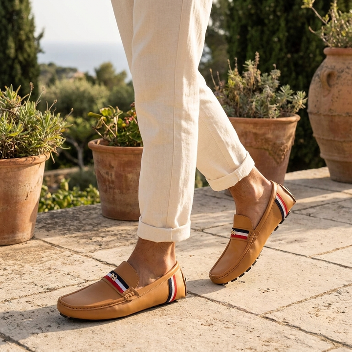 Otranto Stripe Loafers — Tan, worn on model, coastal terrace