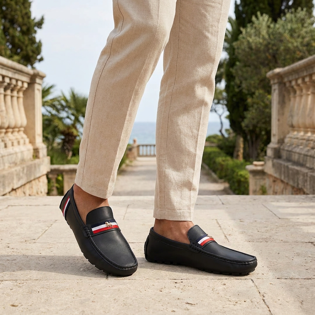 Otranto Stripe Loafers — Black, worn on model, coastal terrace