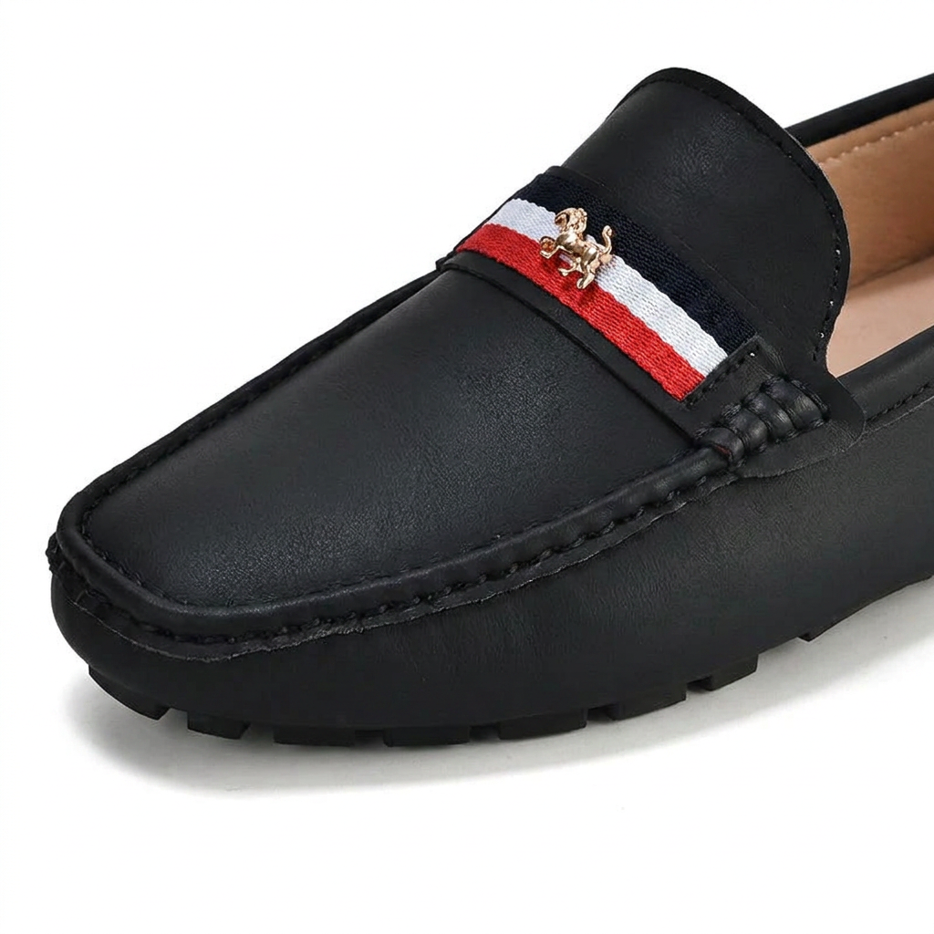 Otranto Stripe Loafers — Black, saddle stripe and charm detail