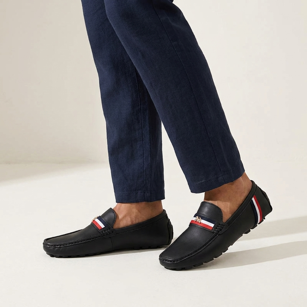 Otranto Stripe Loafers — Black, worn on model, studio