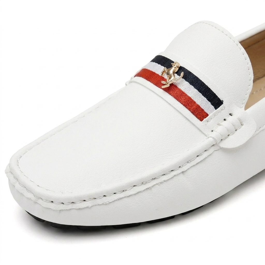 Otranto Stripe Loafers — White, saddle stripe and charm detail