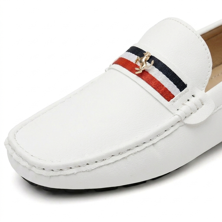 Otranto Stripe Loafers — White, saddle stripe and charm detail